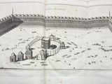 un vieux dessin représentant un château au milieu d'un champ