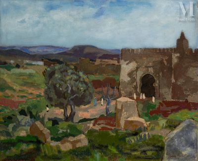 painting of a painting of a castle in the middle of a field