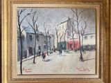 an oil painting of a street scene with people walking down the street