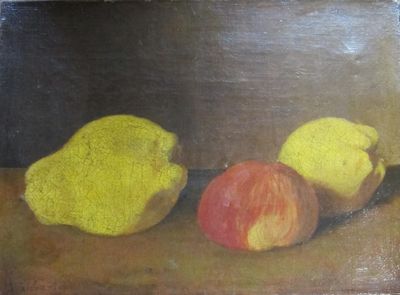 a painting of fruit on a table with a knife