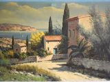 a painting of a house on the side of the road