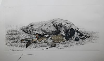 drawing of a dog laying on the ground with a pheasant in it ' s mouth