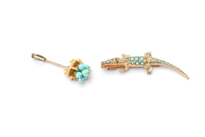 paire de broches en forme de lézard, de couleur turquoise et dorée, ornées de pierres turquoise