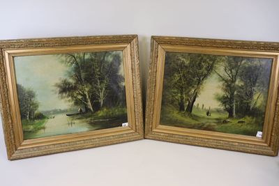 deux tableaux encadrés représentant des vaches dans un champ, avec des arbres et une rivière