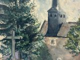 a watercolor painting of a church with a cross in the foreground
