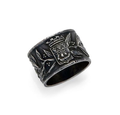 a close up of a ring with a coat of arms on it