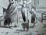 a drawing of a woman and two children talking to a cat