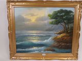 an oil painting of a tree on a cliff by the ocean