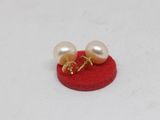 pair of pearl and gold earrings on a red velvet stand