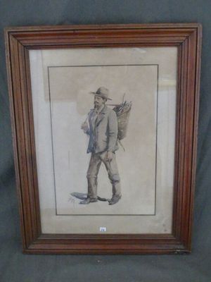 une vieille photo d'un homme en costume et chapeau, tenant un sac