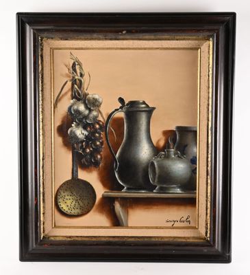 painting of a still life with a pitcher, a bowl, and a spoon