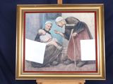 an old painting of a woman holding a baby and a man holding a cane