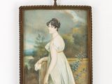 tableau représentant une femme en robe blanche tenant une fleur blanche