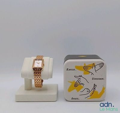 une petite boîte sur laquelle est posée une montre, à côté d'une autre petite boîte sur laquelle est posée une montre