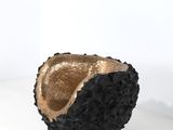 bol noir et doré posé sur une surface blanche, sur fond blanc