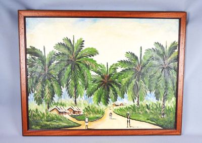 painting of two people walking down a dirt road with palm trees in the background
