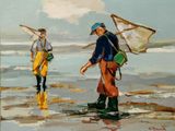 tableau représentant deux hommes marchant sur la plage avec un filet de pêche
