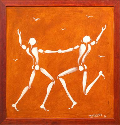 a painting of two people holding hands in front of a brown background