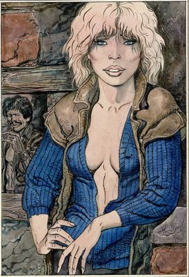 dessin représentant une femme vêtue d'une chemise bleue et d'une veste marron