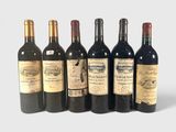 six bouteilles de vin sont alignées sur une surface blanche
