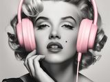 black and white photograph of a woman with pink headphones