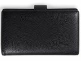 a black leather wallet with a metal clasp on a white background