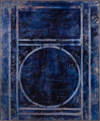 an abstract painting with a blue circle on a blue background