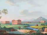 tableau représentant une vue d'une ville romaine avec une rivière et des montagnes en arrière-plan