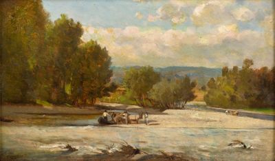 une peinture représentant une peinture d'une rivière sur laquelle figurent des personnes