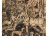 une image représentant le dessin d'un homme à cheval, avec un groupe d'animaux en arrière-plan
