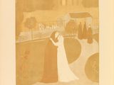 painting of a woman in a white dress and a man in a brown cloak