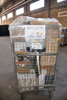 a cart with a lot of boxes on it in a warehouse