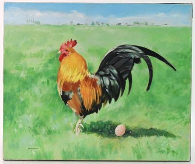 a painting of a rooster in a field with a ball