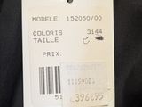 the label of a black jacket with a white tag on it