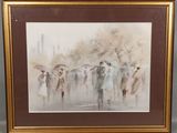 tableau représentant un groupe de personnes marchant sous la pluie avec des parapluies