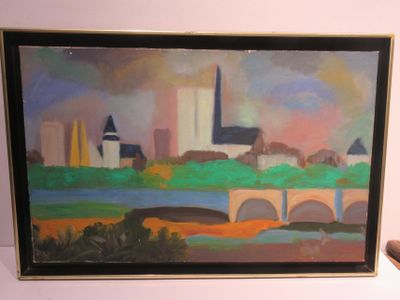 painting of a view of a city with a bridge in the foreground