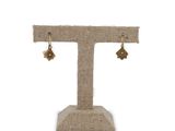 a pair of earrings on a stand with a white background