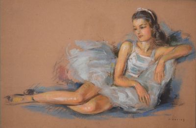 tableau représentant une femme en robe blanche assise par terre