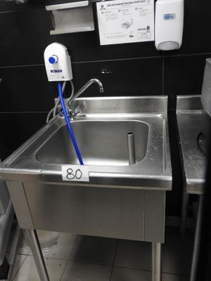 un évier en acier inoxydable muni d'un tuyau bleu