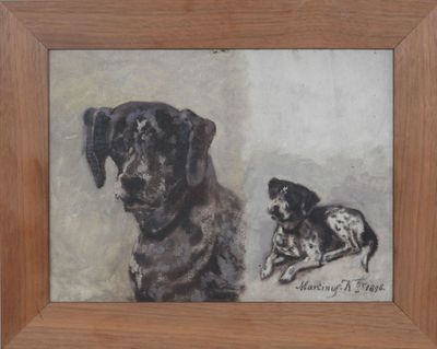 tableau représentant un chien et un autre chien couché, dans un cadre en bois
