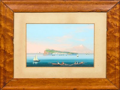 tableau représentant un bateau sur un plan d'eau, avec une petite île en arrière-plan