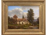 an oil painting of a farm scene with cows in the foreground