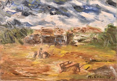 an oil painting of a farm scene with a barn and a plow