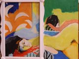 a picture of a picture of a woman laying on a bed next to a picture of a woman