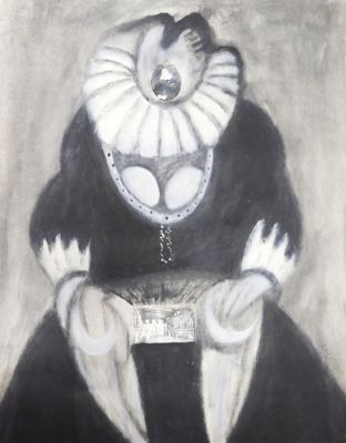 portrait of a woman in a black dress with a white ruffled collar