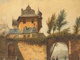 une vieille peinture représentant un château sur une colline, avec des personnes debout tout autour