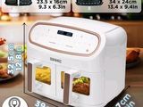 an image of a white air fryer sitting on top of a wooden table
