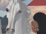 a painting of a white horse with a man in the background
