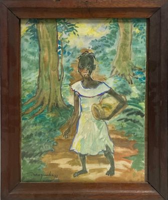 une peinture à l'huile représentant une femme portant un panier dans un environnement boisé