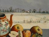 un tableau représentant des pommes et une théière posées sur une table
